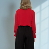 Bluză din voal cu volane la guler și mâneci rosu