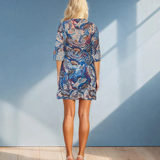 Rochie din voal cu imprimeu și cordon în talie albastru