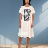 Rochie print florală cu strasuri și volan jos alb