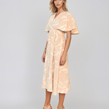 Rochie lungă cu flori brodate și mâneci scurte ample beige