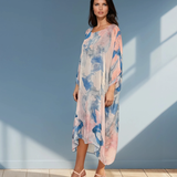 Rochie lungă din mix mătase cu print flora albastru