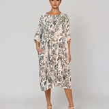 Rochie cu print oriental și buzunare kaki