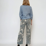 Pantaloni cu print floral și șiret bleu
