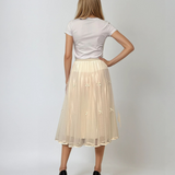 Fustă midi din tulle cu fundițe și aspect satinat crem