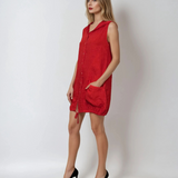 Rochie din in fără mâneci cu glugă și șiret pe margine rosu
