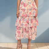 Fustă lungă cu volane și print floral crem