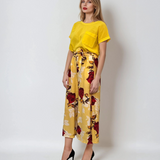 Fustă pantaloni largi cu print floral galben