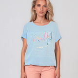 Tricou din in și bumbac cu print Beautiful bleu
