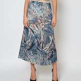 Fustă lungă plisată cu bandă elastică în talie albastru jeans print abstract