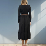 Rochie lungă cu bust din bumbac și curea în talie negru