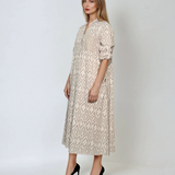 Rochie lungă din bumbac cu print geometric și mânecă 3/4 crem