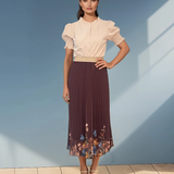 Fustă lungă plisată cu print floral maro