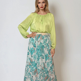 Fustă lungă plisată cu curea și print floral turcoaz