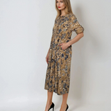 Rochie lungă din bumbac cu print floral și mânecă 3/4 beige