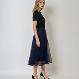 Fustă midi din tulle cu fundițe și aspect satinat bleumarin