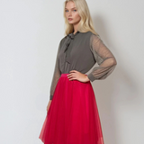 Bluza voal cu mâneci tulle polka dots gri