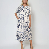 Rochie lungă din bumbac cu print floral și mânecă 3/4 alb