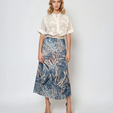 Fustă lungă plisată cu bandă elastică în talie albastru jeans print abstract