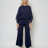 Compleu tricotat casual cu cataramă la buzunare bleumarin