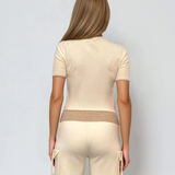 Pulover cu mânecă scurtă și bordură contrast crem