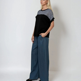 Tricou cu inserție din blugi negru