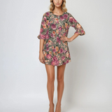 Rochie mini vaporoasă din voal cu print floral kaki