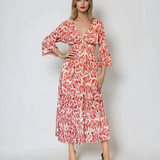Rochie lungă cu print floral și mânecă clopot rosu