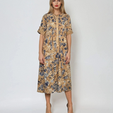 Rochie lungă din bumbac cu print floral și mânecă 3/4 beige