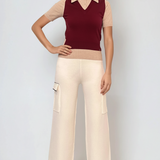 Pulover cu mânecă scurtă, guler cămașă și nasturi grena