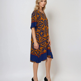 Rochie largă din vâscoză cu print oriental portocaliu