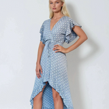 Rochie asimetrică cu cordon în talie albastru jeans