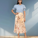 Fustă plisată lungă cu print floral crem