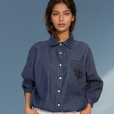 Cămașă din denim cu mânecă lungă și broderie pe spate bleumarin