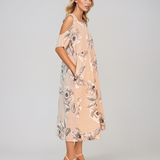 Rochie din in cu umeri goi și print beige