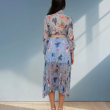 Rochie plisată cu legătură la guler și curea roz bleu