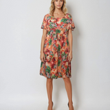 Rochie midi cu print floral și șnur în talie portocaliu