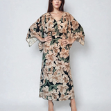 Rochie vascoza cu maneca larga si print floral-Negru