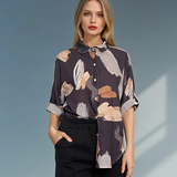 Cămașă lejeră asimetrică cu print negru