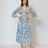 Rochie lungă cu print floral și mânecă clopot albastru jeans