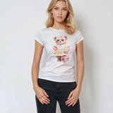 Tricou mulat din bumbac cu print ursuleț roz alb