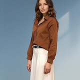 Cămașă din bumbac poplin cu mânecă lungă maro