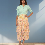 Fustă lungă cu volane și print floral galben