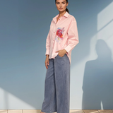 Cămașă damă asimetrică lungă în spate cu print floare roz