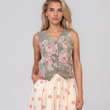 Vestă scurtă din in cu print floral grej