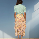 Fustă lungă cu volane și print floral galben