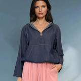 Hanorac din denim cu glugă și fermoar la decolteu bleumarin