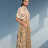 Fustă lungă cloș cu buzunare și carouri vernil