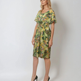 Rochie midi cu print floral și șnur în talie vernil