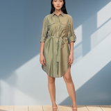 Rochie stil cămașă cu cordon kaki