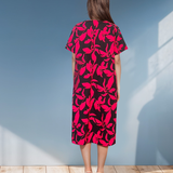 Rochie cu mânecă scurtă și print frunze ciclam